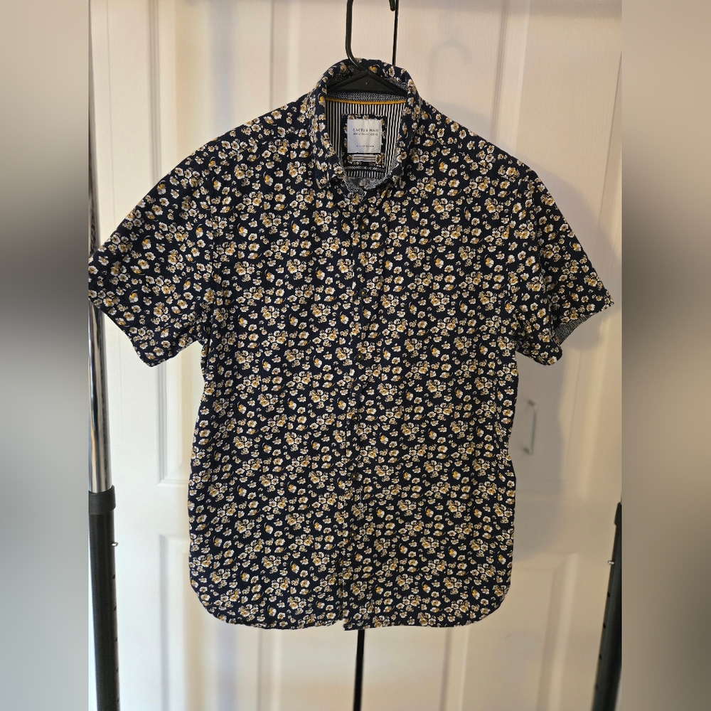 Floral Navy And Yellow Casual Button Up